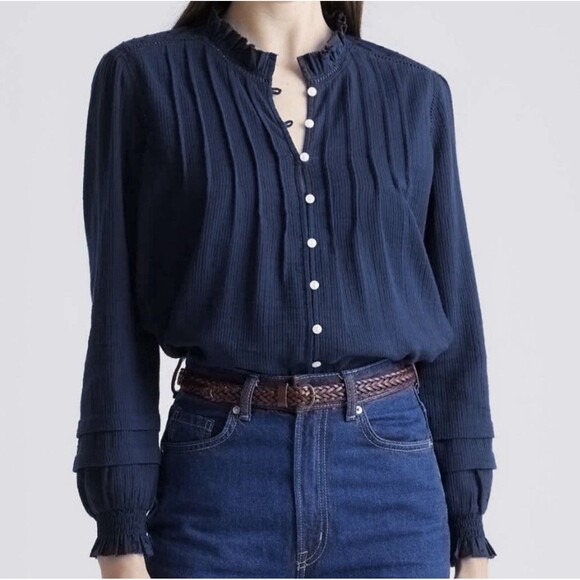 Quince Organic Cotton Textured Peasant Blouse Shirt Navy Blue Women’s S - Picture 1 of 13